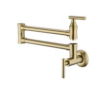 EKRTE Robinet de remplissage de pot en laiton massif, robinet de remplissage de pot d'évier de cuisine commercial doré brossé, support mural, double joint extensible pliable, bras oscillant, robinet