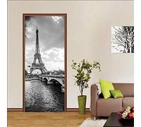 EKSDG Sticker De Porte Trompe L'Oeil Effet 3D Intérieure Muraux 77X200Cm Tour Eiffel En Noir Et Blanc Pvc Stickers Salle De Bain Cuisine Décoration Auto-Adhésif Amovible Wall Sticker Autocollant