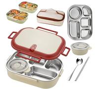 EKsma Boîte à lunch isotherme en acier inoxydable allant au micro-ondes, contenants à lunch avec couvercles, compartiments, bol à soupe, cuillère, fourchette et sac(Red,Five grids)