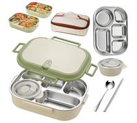 EKsma Boîte à lunch isotherme en acier inoxydable allant au micro-ondes, contenants à lunch avec couvercles, compartiments, bol à soupe, cuillère, fourchette et sac(Green,Five grids)