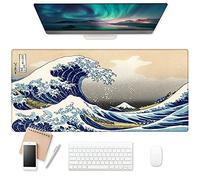 EkuaBot Kanagawa Wave Grand tapis de souris de jeu (90 x 39 cm, 3 mm d'épaisseur), base en caoutchouc antidérapante et bords de verrouillage renforcés, tapis de souris XXL étendu pour travail, jeux,