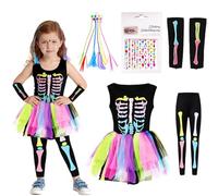 Ekukeon Costume de squelette coloré pour enfants, costume de squelette néon pour enfants, robe de halloween pour filles, pour cosplay de carnaval d'Halloween (S)