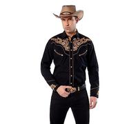 EL PIONERO Chemise western à manches longues brodée cowboy décontractée à boutons pression pour homme, noir/jaune, Taille M