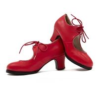 El Rocío - Chaussures Flamenco Rouges avec Lacets, Double Semelle et Clous - Semelle Intérieure Rembourrée et Talon Bobine 5,5 cm - pour Tous Les Niveaux - Rouge - Taille 37