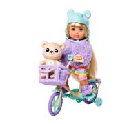 Evi Love Teddy Bike Poupée avec veste moelleuse, casque d'ours, chaussures, vélo et ourson, 12 cm, à partir de 3 ans