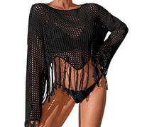 Eladcncmc Cache-maillot de bain transparent à manches longues mode plage haut sans ventre creux vacances