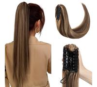 Elailite Extension Cheveux Naturel Queue de Cheval Rajout Vrai Cheveux Humain Lisse - Ponytail Hair Extensions Attaché par Pince (Claw on) - #4+27 CHATAIN MECHE BLOND FONCE - 55cm