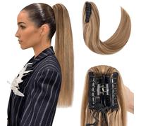 Elailite Extension Cheveux Naturel Queue de Cheval Rajout Vrai Cheveux Humain Lisse - Ponytail Hair Extensions Attaché par Pince (Claw on) - #4+27 CHATAIN MECHE BLOND FONCE - 50cm