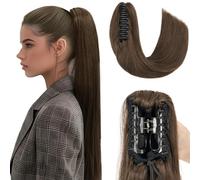 Elailite Extension Queue de Cheval Cheveux Naturel Par Pince Rajout Vrai Cheveux Humain Lisse Claw on Ponytail (#02 CHATAIN FONCE, 40cm)