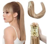 Elailite Extension Queue de Cheval Naturel Rajout Vrai Cheveux Humain Lisse - Ponytail Hair Extensions Attaché par Pince (Claw on) - #12+613 MARRON CLAIR MECHE BLOND CLAIR - 50cm