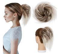 Elailite Postiche Chignon Cheveux Naturel Vrai Cheveux Humain Femme Marron Moyen/Blond Clair, Elastique Chouchou Pour Chignon Facile, Désordonné, 29g