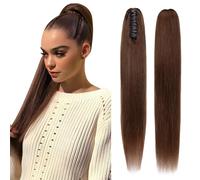 Elailite Postiche Queue de Cheval Extension Naturel Rajout Vrai Cheveux Humain Lisse - Ponytail Hair Extensions Attaché par Pince (Claw on) - #04 CHATAIN - 55cm