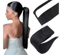 Elailite Queue de Cheval Naturel #1 NOIR FONCE, 50cm Postiche Ponytail Extension Vrai Cheveux Humain Rajout Lisse 95g