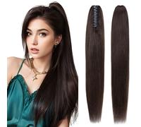 Elailite Queue de Cheval Naturel Extension Rajout Vrai Cheveux Humain Lisse - Attaché par Pince (Claw on) (#02 CHATAIN FONCE, 50cm)
