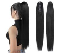 Elailite Queue de Cheval Naturel Extension Rajout Vrai Cheveux Humain Lisse - Attaché par Pince (Claw on) (#01 NOIR FONCE, 40cm)