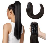 Elailite Queue de Cheval Naturel Extension Rajout Vrai Cheveux Humain Lisse - Attaché par Pince (Claw on) (#1B NOIR NATUREL, 50cm)