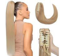 Elailite Queue de Cheval Naturel Extension Rajout Vrai Cheveux Humain Lisse - Ponytail Hair Extensions Attaché par Pince (Claw on) - #24 BLOND CLAIR - 50 cm