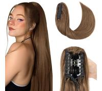 Elailite Queue de Cheval Naturel Extension Rajout Vrai Cheveux Humain Lisse - Ponytail Hair Extensions Attaché par Pince (Claw on) - #04 MARRON CHOCOLAT - 45 cm