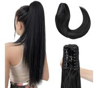 Elailite Queue de Cheval Naturel Extension Rajout Vrai Cheveux Humain Lisse - Ponytail Hair Extensions Attaché par Pince (Claw on) - #01 NOIR FONCE - 35 cm