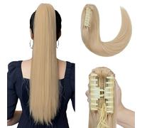 Elailite Queue de Cheval Naturel Extension Rajout Vrai Cheveux Humain Lisse - Ponytail Hair Extensions Attaché par Pince (Claw on) - #613 BLOND TRES CLAIR - 35 cm