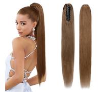 Elailite Queue de Cheval Naturel Extension Rajout Vrai Cheveux Humain Lisse - Ponytail Hair Extensions Attaché par Pince (Claw on) - #06 CHATAIN CLAIR - 55cm