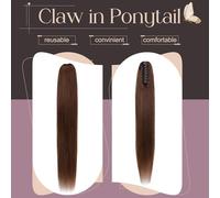 Elailite Queue de Cheval Naturel Extension Rajout Vrai Cheveux Humain Lisse - Ponytail Hair Extensions Attaché par Pince (Claw on) - #04 MARRON CHOCOLAT - 35 cm
