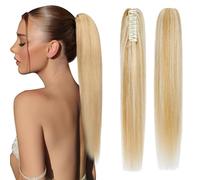Elailite Queue de Cheval Naturel Extension Rajout Vrai Cheveux Humain Lisse - Ponytail Hair Extensions Attaché par Pince (Claw on) - #18P613 SABLE BLOND MECHE BLOND CLAIR - 40 cm