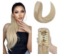 Elailite Queue de Cheval Naturel Extension Rajout Vrai Cheveux Humain Lisse - Ponytail Hair Extensions Attaché par Pince (Claw on) - #60 BLOND PLATINE - 35 cm