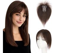 Elailite Volumateur Capillaire Femme 25cm 20g Clip in Hair Topper Avec Frange Postiches Toupet Cheveux Humain #2 CHATAIN FONCE (Silk Base 8cm*11cm)