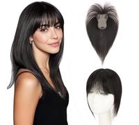 Elailite Volumateur Capillaire Femme 25cm 20g Clip in Hair Topper Avec Frange Postiches Toupet Cheveux Humain #1B NOIR NATUREL (Silk Base 8cm*11cm)