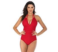 Elaineeu Maillots de bain pour femmes maillot de bain une pièce à col suspendu maillot de bain femme maillot de bain sans manches maillot de bain, Rouge, XL