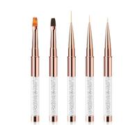 Elalove 5 Pinceaux Nail Art Ongles en Or Rose - Set pour Gel UV/Acrylique avec Pinceau Liner, Plat et à Détails | Poils Doux et Manche Métal Construction Set ã Brosses Strass