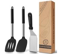 Elalove Lot de 3 Spatules en Silicone et Inox pour Cuisine - Set avec Spatule, Écumoire et Pelle à 3 Côtés - Résistant à la Chaleur, Sans BPA, Pour Plancha, Pâtisserie et Ustensiles de Cuisine