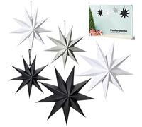 eLander Lot de 5 étoiles en papier pour décoration de Noël, 30 cm x 3 + 45 cm x 2, 9 poinsettias, scandinaves à suspendre, décoration de Noël, décoration de fenêtre (noir, blanc, gris)
