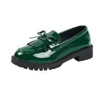 Elastic Top Slip on Loafers for with Glossy Finish Bow Tassel Detail Comfortable Chunky Heel Everyday Casual Shoes (Green, 39)