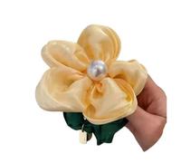 Élastique À Cheveux En Tissu Lot de 4 chouchous élégants en organza avec perles et fleurs, accessoires for cheveux, couvre-chefs et queue de cheval(Yellow)