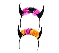 ELAYARD 2 Pièces Bandeau Cornes de Diable avec Fleurs et Crâne Accessoire Tête Halloween pour Fête et Cosplay Lot de Noir et Orange