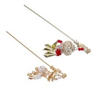 ELAYARD Bâtonnets à Cheveux Chinois Lumineux 2 Pcs, Style Rétro, 15 Cm, Accessoires pour Chignon pour Cheveux Longs, Perles Rouges et Blanches, Décorations Pendentif Pompon, Usage