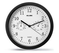 ELBE RP-1005-N Horloge murale avec thermomètre et hygromètre, mesure la température et l'humidité, 25 cm de diamètre, Panel White Black Frame, fonctionne sur piles, taille unique