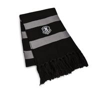 Elbenwald Écharpe Wednesday au design Nevermore Academy avec blason scolaire cousu - Longueur avec franges 190 cm, largeur 24 cm - Pour homme et femme - Unisexe - Noir et gris