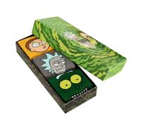 Elbenwald Rick and Morty Lot de 3 paires de chaussettes unisexe en coton - Boîte cadeau - Jaune, vert, gris, multicolore, 36-39