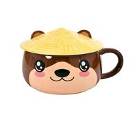 Elbenwald Tasse Kawaii Design Loutre avec Couvercle - Capacité 450 ml, Hauteur 9 cm (avec Couvercle) - en Céramique Marron pour les Fans d'Anime