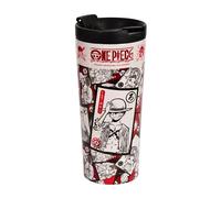 Elbenwald Thermos One Piece - 425 ml - Mug de voyage en acier inoxydable avec bouchon à vis et ouverture refermable (hauteur 19 cm) - Blanc/Rouge avec motif de Luffy
