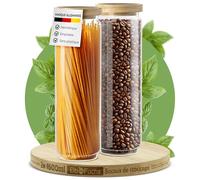 ElbFuchs® Bocaux en verre hermétiques 2x 1500 ml | Sans BPA & anti-mites - Pots de conservation avec couvercle en bois | Spaghetti, farine & muesli