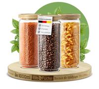ElbFuchs® Bocaux en verre hermétiques 3x 1000 ml | Sans BPA & anti-mites - Pots de conservation en verre borosilicate avec couvercle en bois | Farine, café, sucre & pâtes