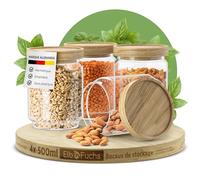 ElbFuchs® Bocaux en verre hermétiques 4x 500 ml | Sans BPA & anti-mites - Pots de conservation avec couvercle en bois | Sucre, sel, thé & biscuits