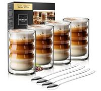ElbFuchs® Set de tasse double paroi Latte Macchiato [4×400 ml] verres isothermes transparents avec cuillères | pour cappuccino, café & thé
