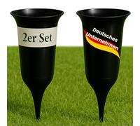 ELBKAISER Lot de 2 vases funéraires noirs avec piquet de terre - Vase de cimetière robuste pour la conception funéraire - Vase funéraire à planter avec socle et insert pour fleurs fraîches - Résistant
