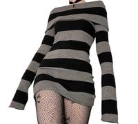 ELDEMA Robe Mini Rayée, Robe Moulante Sexy à Manches Longues Goth, Pull en Tricot rayé à épaules dénudées pour Femmes, Hiver, Noir, S