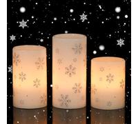 Eldnacele Bougies de Noël sans flamme avec minuterie de 6 h, bougies piliers LED vacillantes en cire véritable, fausses bougies à piles avec motifs flocons de neige pour décoration d'intérieur